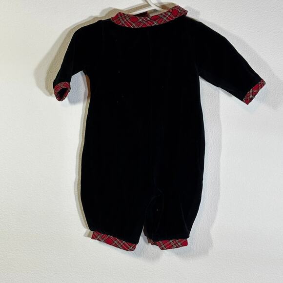 Bright Future Baby Sz 0-3M Black Velvet One Piece Romper Red Black Plaid Collar - Picture 2 of 4